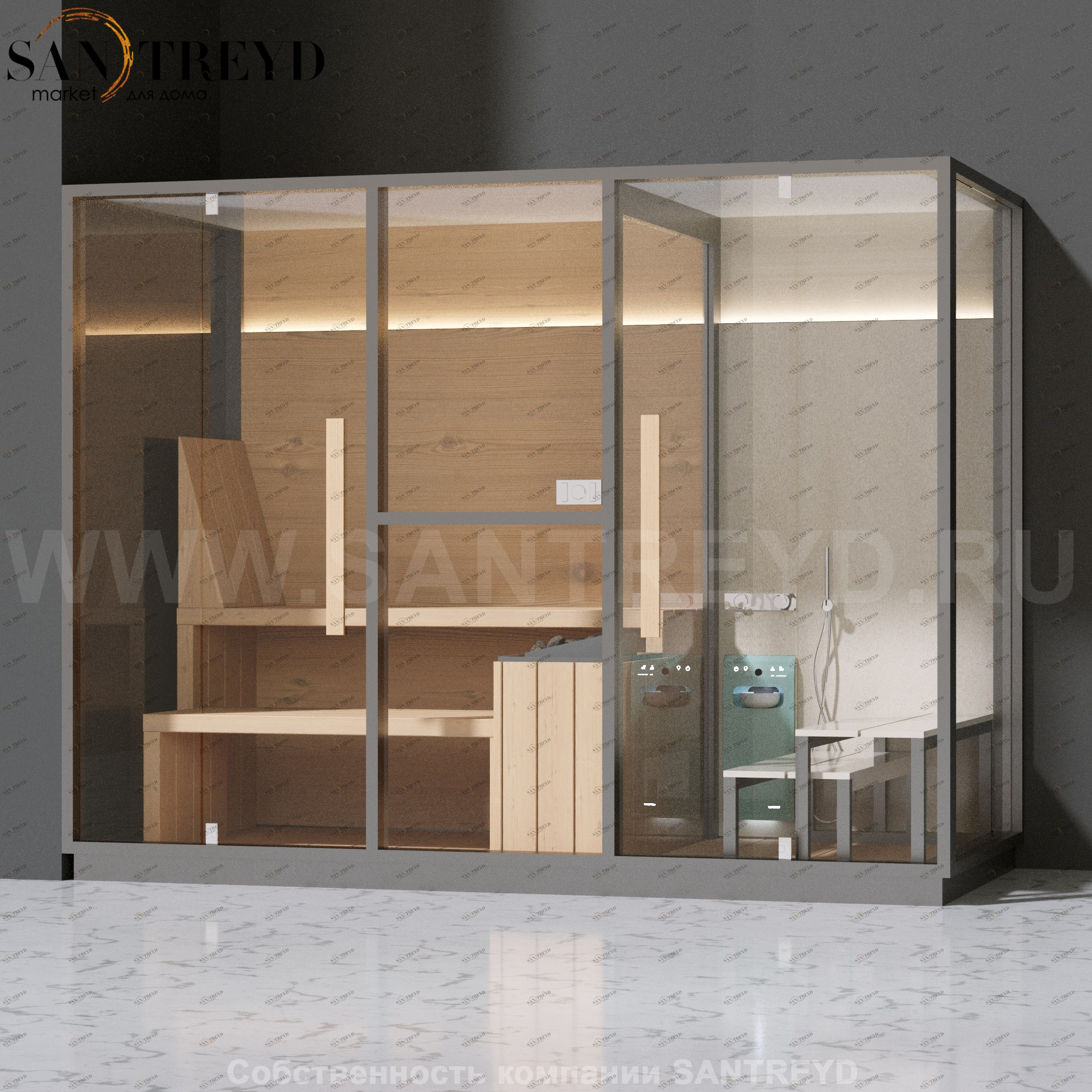 Effegibi MID LO70010002 Комбинированная баня: хаммам - душ и сауна. Установка: в левый угол. Мощность: 11 кВт макс. Размеры: длина 300 см, ширина 137 см. Отделка: канадский хемлок, матовый лакированный серый аллюминий и бежевый ламинат из керамогранита.