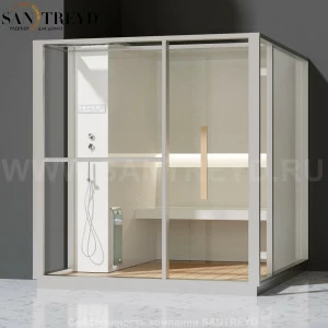 Effegibi LOGICA H LO30020014 Хаммам. Установка: в левый  полуугол. Левая дверь. Мощность: 4,5 кВт макс. Размеры: длина 214 см, ширина 250 см. Отделка: матовый лакированный белый аллюминий и серый ламинат из керамогранита.