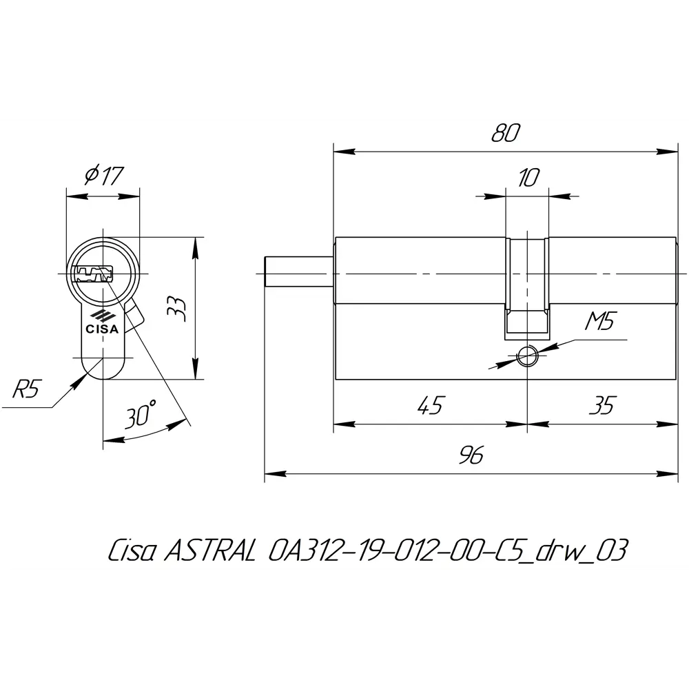 Цилиндр Cisa Astral ОА312-19.12, 30x10x40 мм, ключ/шток, цвет никель, без вертушки STLM-2058739 - Вид №4