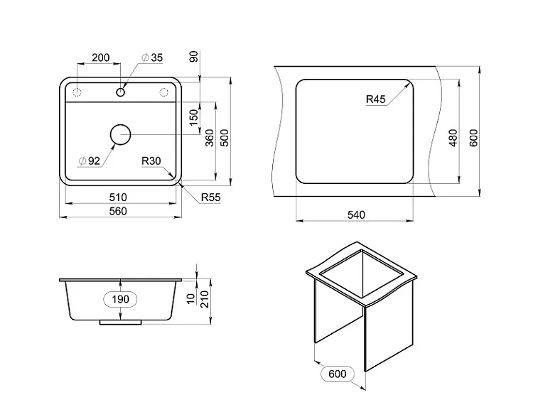 5601, БЕЛЫЙ, кухонная мойка, СтандАРТ кварц GRANULA Standart 5601-ST54 - Вид №2