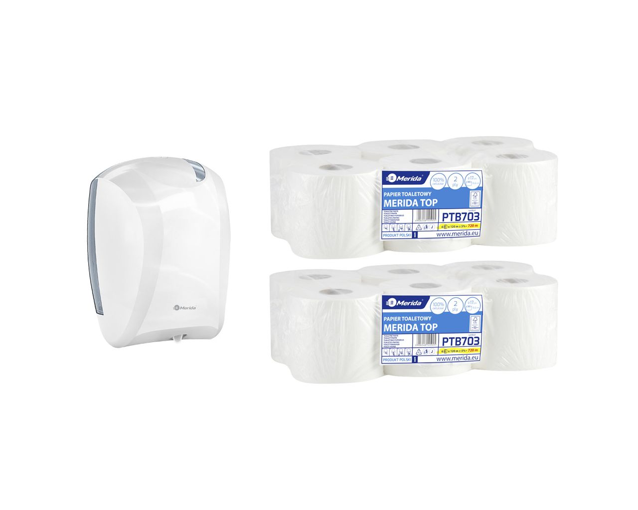 PROMO120 Контейнер для туалетной бумаги CENTER PULL белый за 50 злотых нетто при покупке 2 упаковок туалетной бумаги TOP PTB703 Merida 