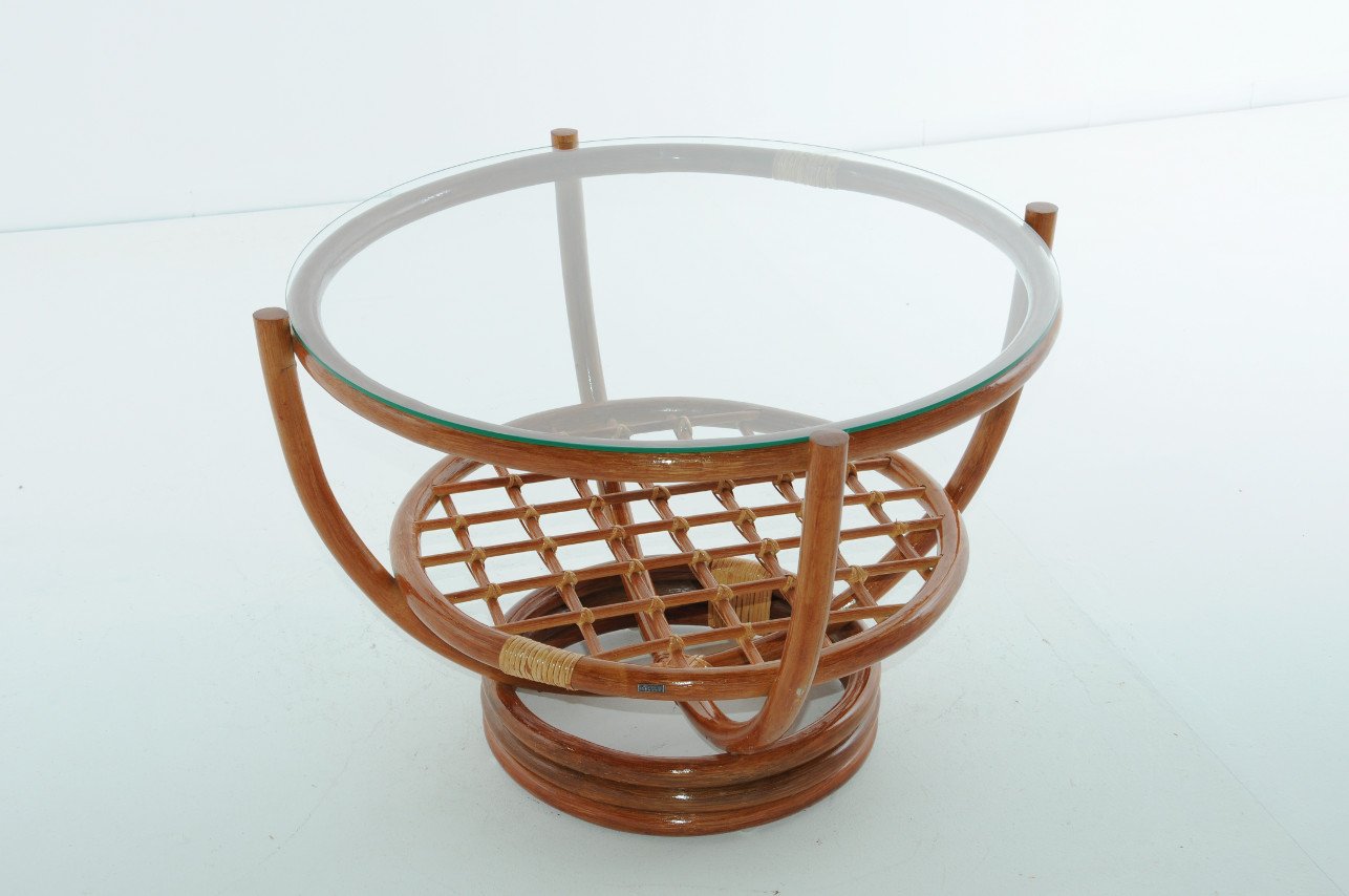 Кофейный столик круглый со стеклянной столешницей 50х70 см коньяк Calamus Rotan VINOTTI  00-3885257 Коричневый  - Вид №1