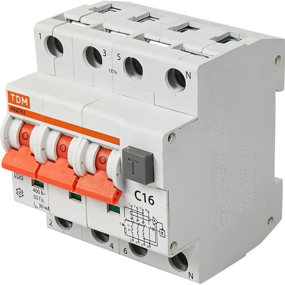 Дифференциальный автомат TDM Electric АВДТ63 3P+N 16А 30мА 84399459 STLM-1489534