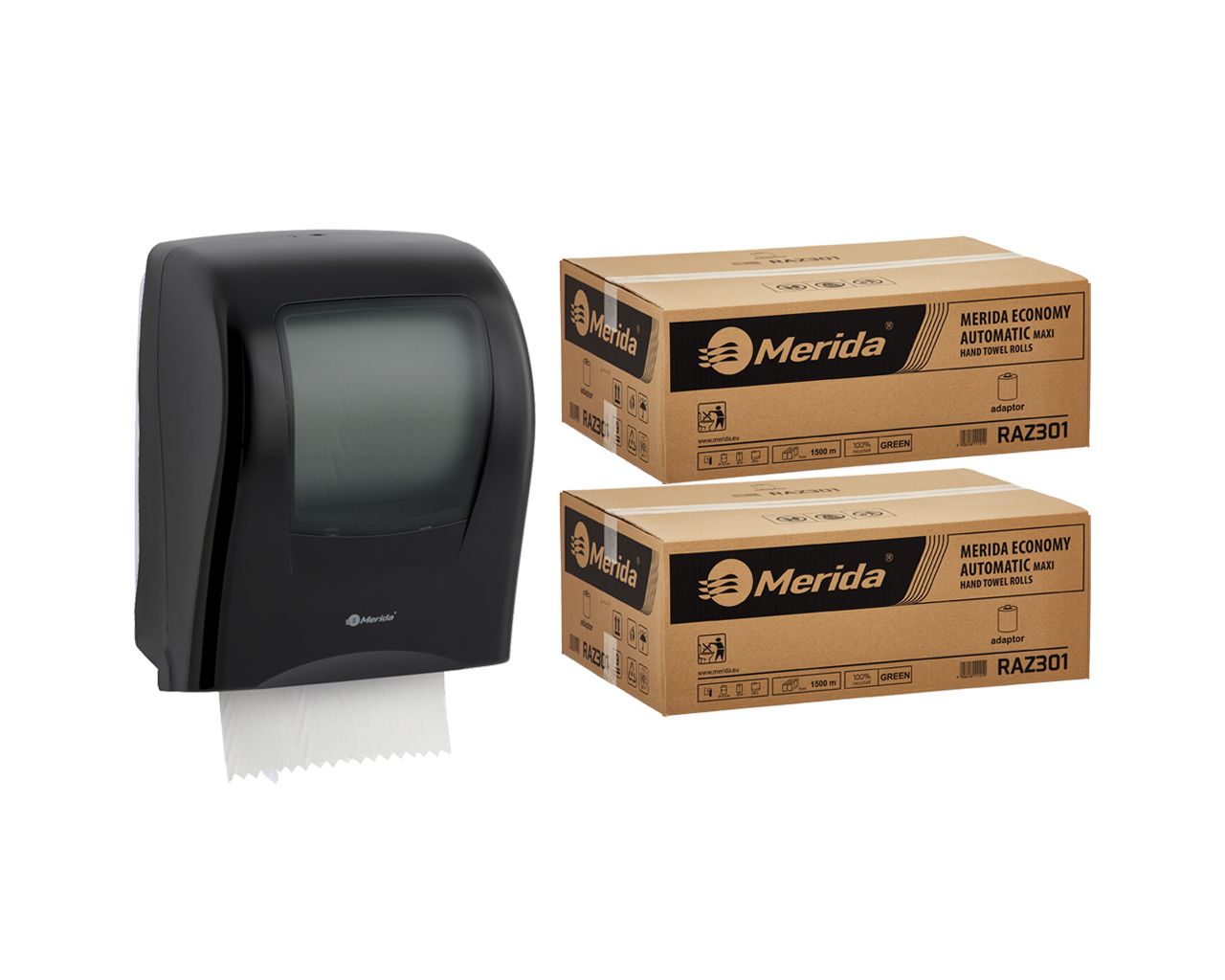 PROMO51 ОДИН черный механический диспенсер для полотенец за 100 злотых нетто при покупке 2 коробок полотенец ECONOMY AUTOMATIC RAZ301 (12 x 250 м = 3000 м, 11 760 листов) Merida 