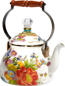 10594951 Mackenzie-Childs Чайник 2л Flower Market (белый) 18Dx27H сталь, эмаль, бронза, дерево, стекло