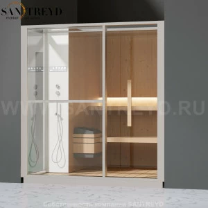 Effegibi LOGICA S LO20020010 Сауна. Установка: в нишу. Левая дверь. Мощность: 6 кВт макс. Размеры: длина 214 см, ширина 250 см. Отделка: канадский хемлок, матовый лакированный белый аллюминий и серый ламинат из керамогранита.