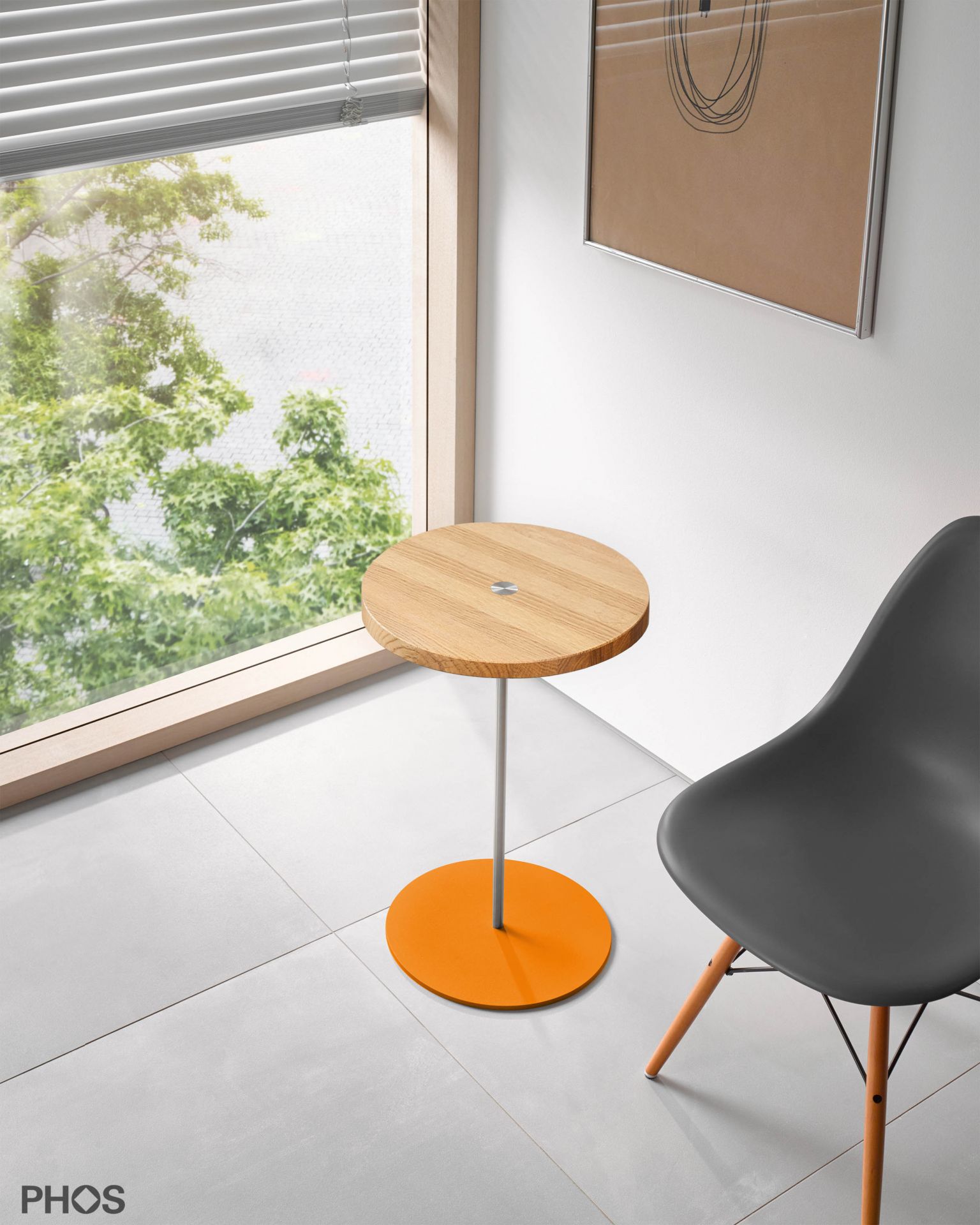 BT600-Eiche-BPO Приставной столик высотой 60 см, столешница из дуба, основание оранжевое. PHOS  - Вид №1