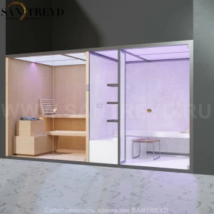 Effegibi BODYLOVE SH BL40110001 Фронтальная комбинированная баня: хаммам и сауна. Установка: в нишу. Мощность: 15 кВт макс. Размеры: длина 393 см, ширина 176 см. Отделка: канадский хемлок и светлый керамогранит.