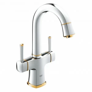 Смеситель для раковины GROHE Grandera с донным клапаном и поворотным изливом, хром/золото (21107IG0)