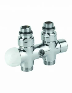 Carlo Poletti V37500R Клапан термостатический одно/двухтрубный с by-pass и держателем, центральное подсоединение. Версия угловая с подключением медной или пластиковой трубы. Межосевое расстояние 50 мм.