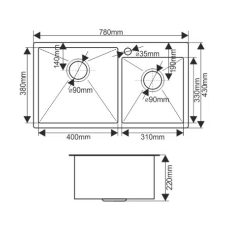 Мойка S7843H MELANA ProfLine 3,0/220 САТИН 2-я чаша, врезная прямоугольная S7843H S7843H сатин - Вид №1