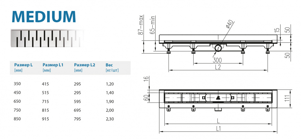 Водоотводящий желоб ALPEN Medium ALP-850M2 для монтажа вплотную к стене  - Вид №1