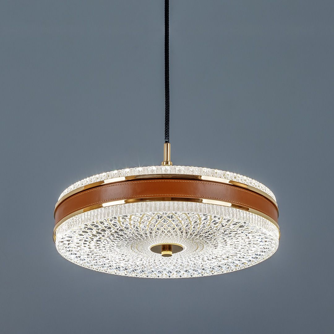 Люстра подвесная хрустальная с кожаными элементами D 38 см прозрачная Frezia Light 120134 FREZIA LIGHT ДИЗАЙНЕРСКИЕ 00-3953647 Золото;коричневый;прозрачный  - Вид №1