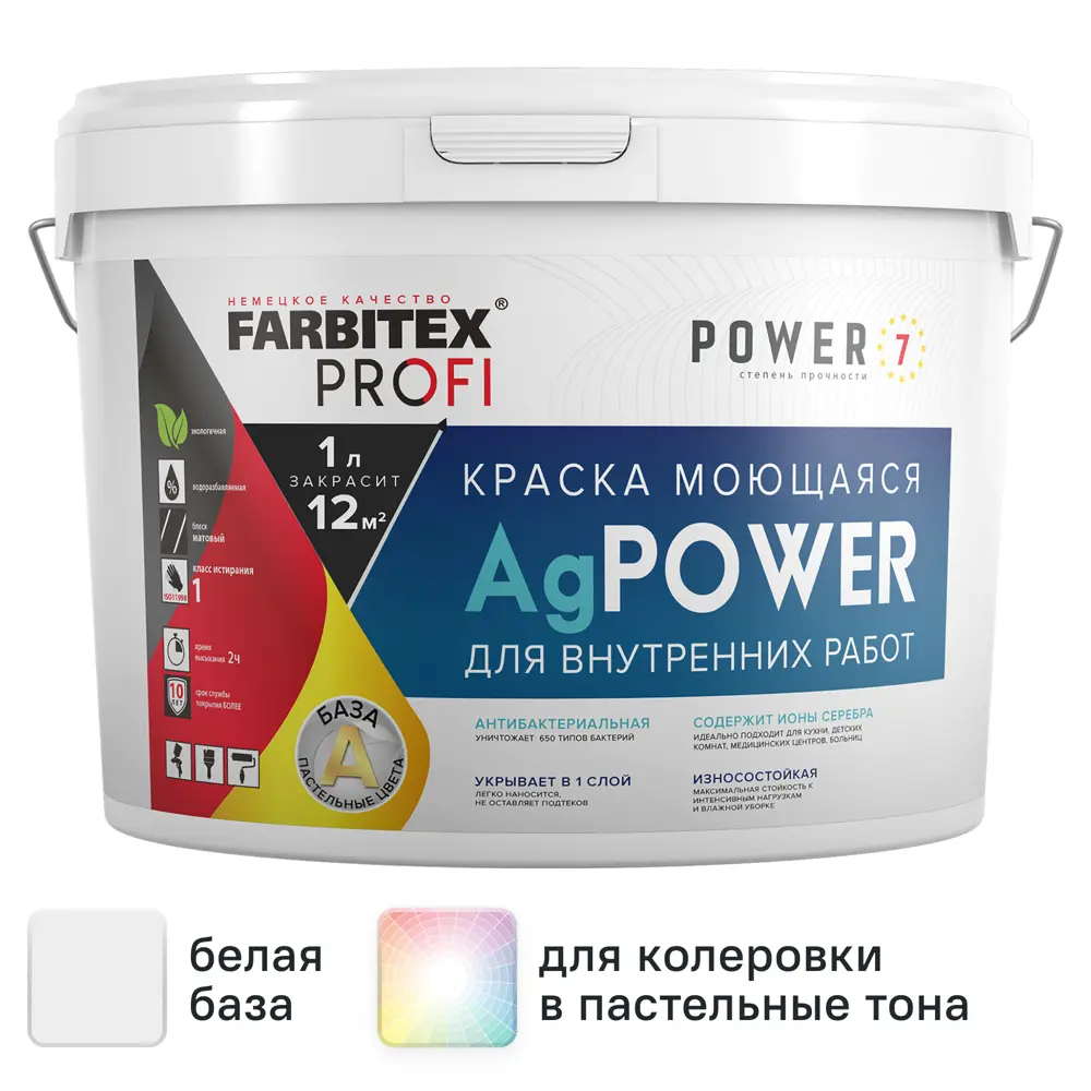 Краска для стен и потолков моющаяся Farbitex Profi AgPower антибактериальная с наносеребром матовая белая база А 14 кг 89420312 STLM-2021039 