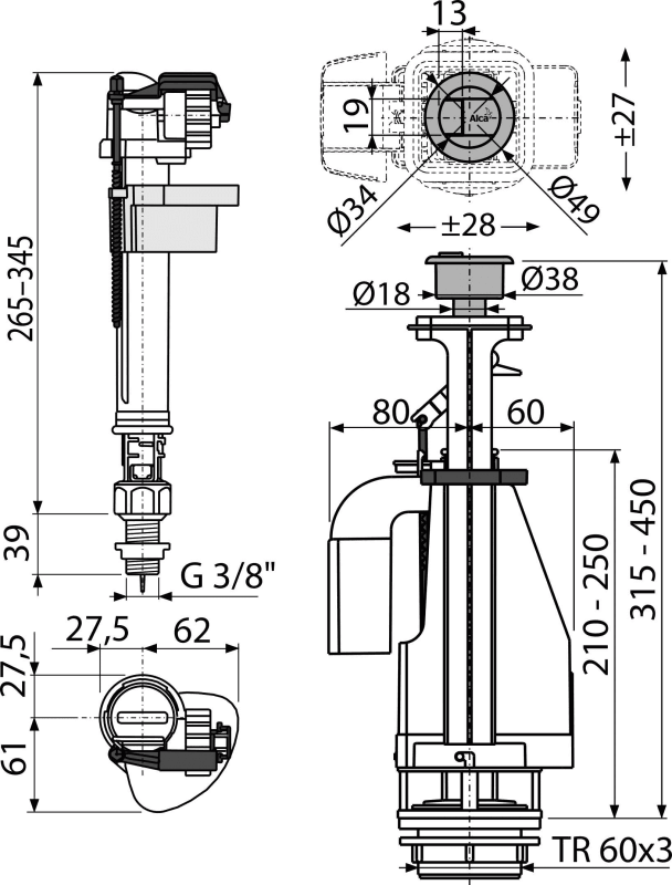 Выпускной комплект с двойной кнопкой ALCAPLAST SA08ASK38 - Вид №1