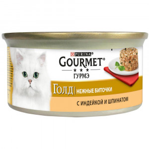 ПР0034089 Корм для кошек Голд Нежные биточки, с индейкой и шпинатом, банка 85 г Gourmet