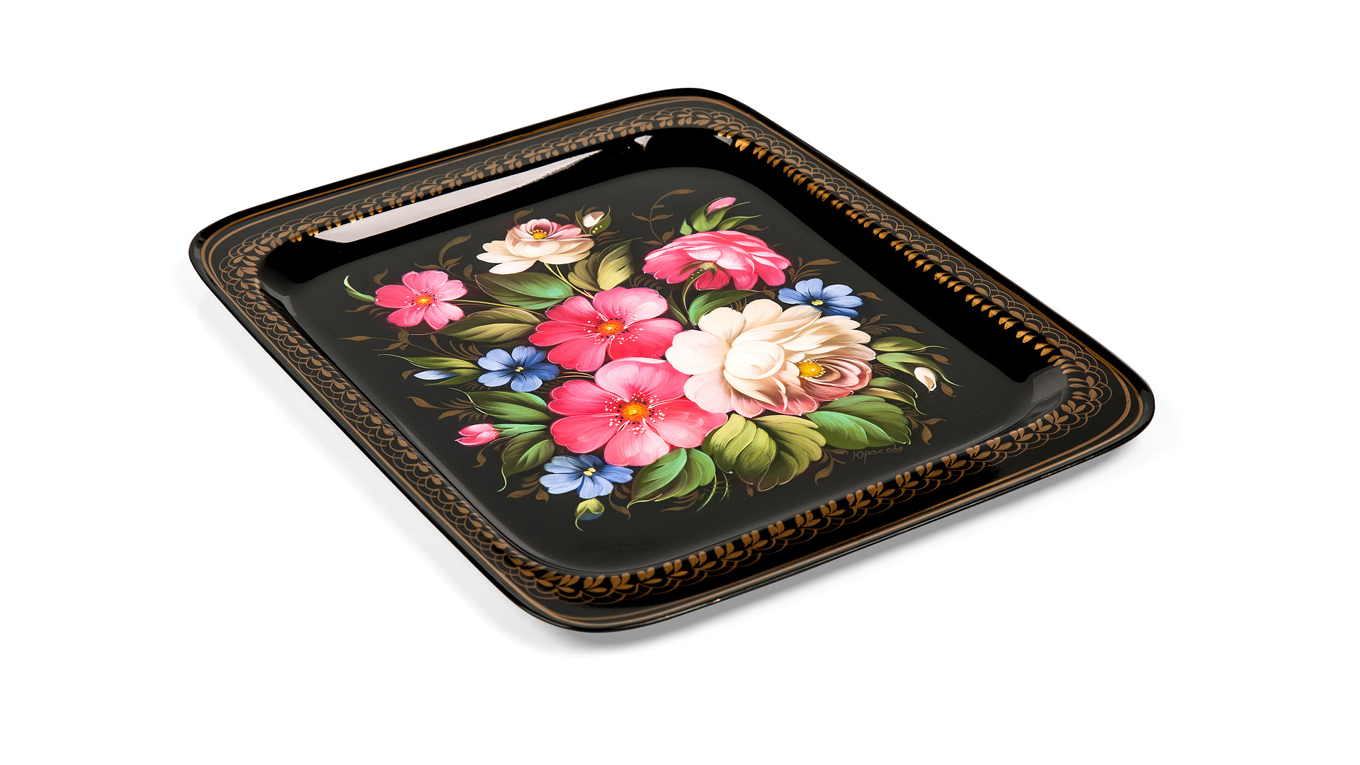 10618043 Жостовская фабрика декоративной росписи Поднос 33х26см НХПР " Цветы" Сталь  - Вид №1