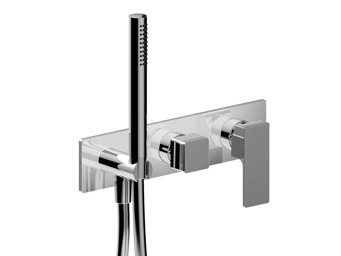 F784B+R084A  Встраиваемый смеситель для душаручки переключатель на 2 потока с поворотной кнопкой ручная лейка FIT шланговое подсоединение с держателем для ручной лейки гибкий шланг 150 см ПВХ впуски 1/2'' Fantini Rubinetti MINT НЕРЖАВЕЮЩАЯ СТАЛЬ 