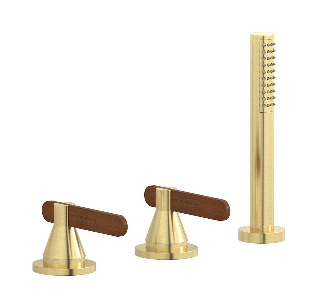 Смеситель на бортик ванной на 3 отверстия с изливом, дивертером и душевым гарнитуром. WE ARE IB ol392cc Brushed Pale Gold Soho