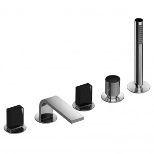 N565S  Набортный смеситель для ванны - VENEZIA INвылет 16 см без ручек на 5 отверстий переключатель на 2 потока с кнопкой ручная лейка FIT гибкий шланг 150 см картридж керамический 90° впуски 3/4'' подводка ручки заказываются отдельно, см. раздел ''Ручки'