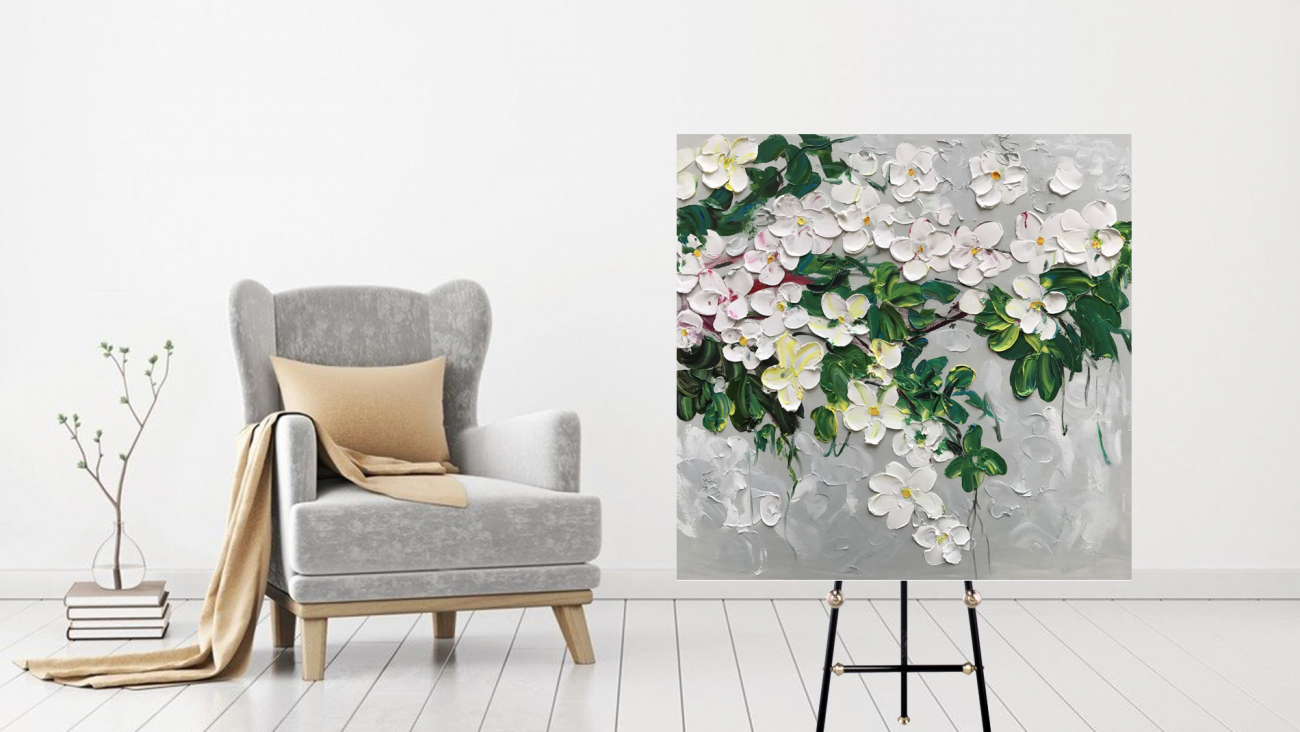 Картина на холсте 100х100 см "Цветы в саду" EVENHOME КАРТИНЫ МАСЛОМ 130028 Белый;зеленый;синий;разноцветный  - Вид №1