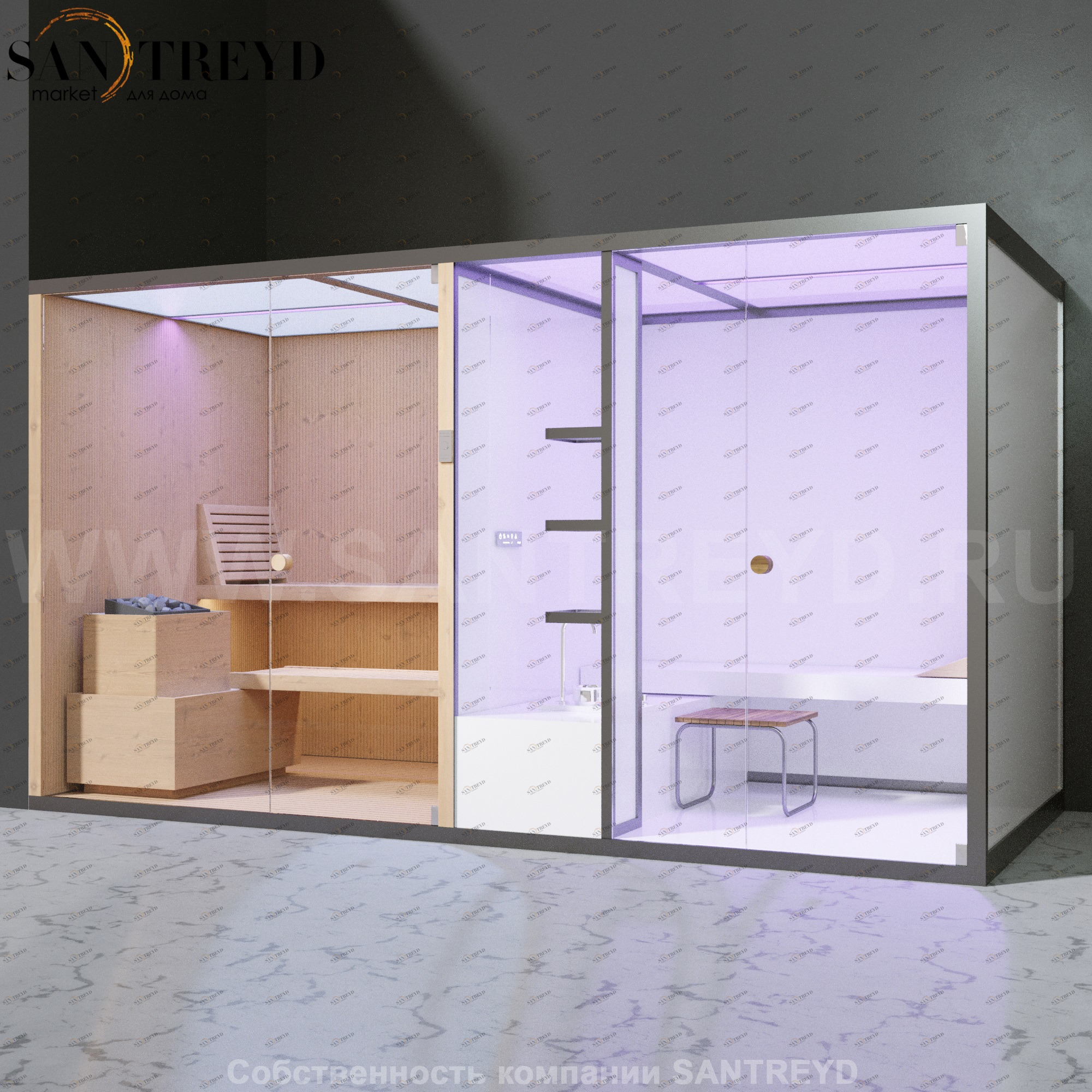 Effegibi BODYLOVE SH BL40150003 Фронтальная комбинированная баня: хаммам и сауна. Установка: в левый угол. Мощность: 15 кВт макс. Размеры: длина 393 см, ширина 176 см. Отделка: канадский хемлок без отделки.