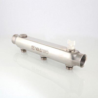 VTc.510.SS.060408 Коллектор из нержавеющей стали с межосевым расстоянием выходов 100 мм Valtec 1", 8 x 1/2"  - Вид №1