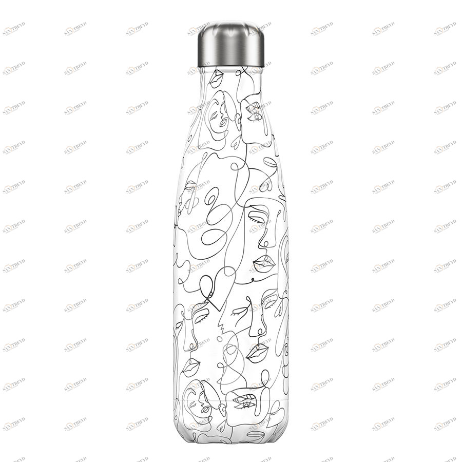 Термос 500 мл белый с черным узором Line Drawing Faces CHILLY'S BOTTLES ДИЗАЙНЕРСКИЕ 00-3947987 Белый;черный 