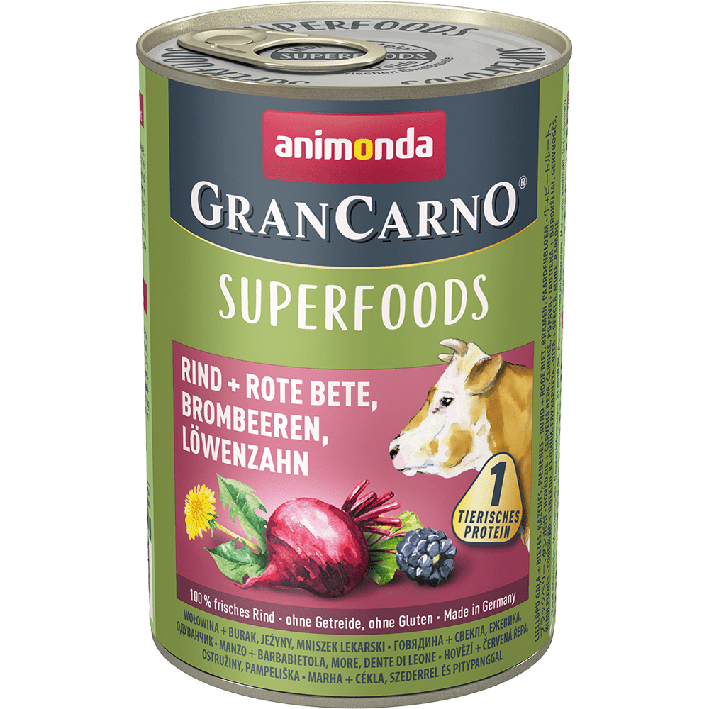 ПР0058884*6 Корм для собак Gran Carno Superfoods говядина, свекла, ежевика, одуванчик банка 400г (упаковка - 6 шт) Animonda 