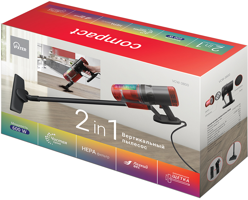 VCW-3800 Red Пылесос vcw-3800 вертикальный 2 в 1, цвет красный VIXTER Santreyd  - Вид №1