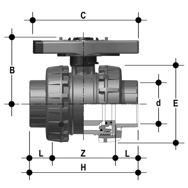 SANIT 121448001032 2-ходовой шаровой кран d75-110, ВЭЛ-Easyfit, PVC-U, клей рукав, EPDM  - Вид №1