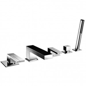 5365S  Набортный смеситель для ваннывылет 16 см без ручек на 5 отверстий переключатель на 2 потока с кнопкой ручная лейка SUN гибкий шланг 150 см картридж керамический 90° впуски 3/4'' подводка (a) ручки 5348/5349 заказываются отдельно см раздел ''Ручки''