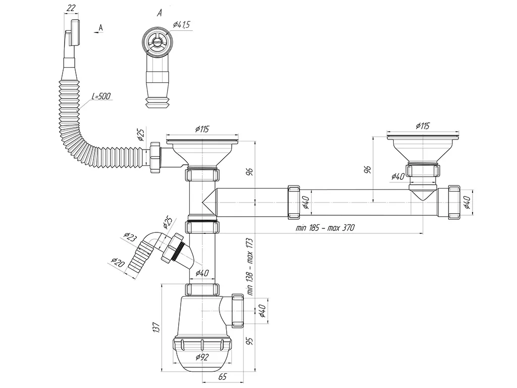 2-ой Сифон Ани Грот двойной 3 1/2" с перел. и отводами Анипласт для одноуровневых моек GRANFEST А 7500SP О/У - Вид №1