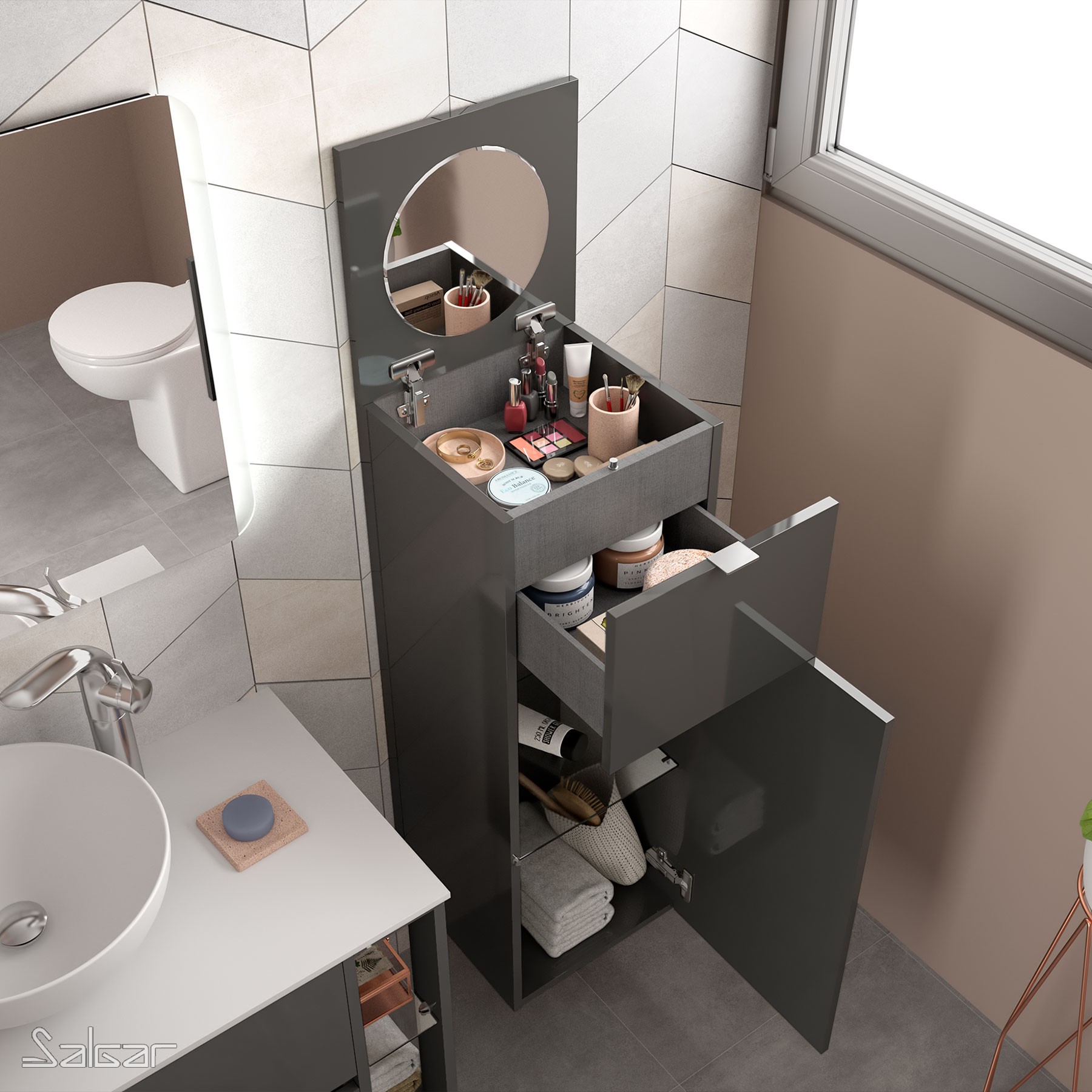 83442 SALGAR Комод ALLIANCE GLOSS GREY с дверным ящиком и складным зеркалом 352 x 1000 x 360 мм Глянцевый серый  - Вид №1