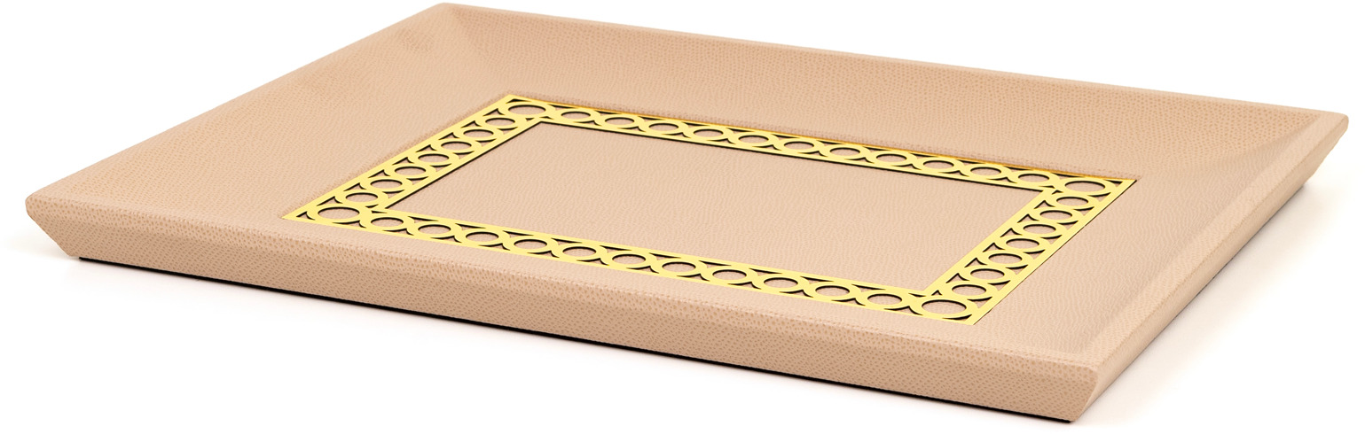 Прямоугольный поднос для мелочей Aston - 35X28 см / металл-отделка_золото / ари-кожа_крем
