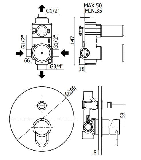 Встраиваемый смеситель для душа с 2 отверстиями и переключателем RUBINETTERIA PAFFONI Joker ARCH-00080515 - Вид №2