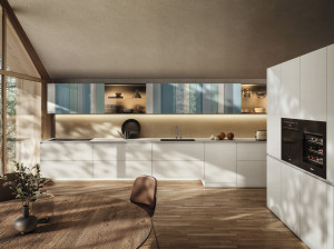 Линейная кухня из дерева и стекла без ручек