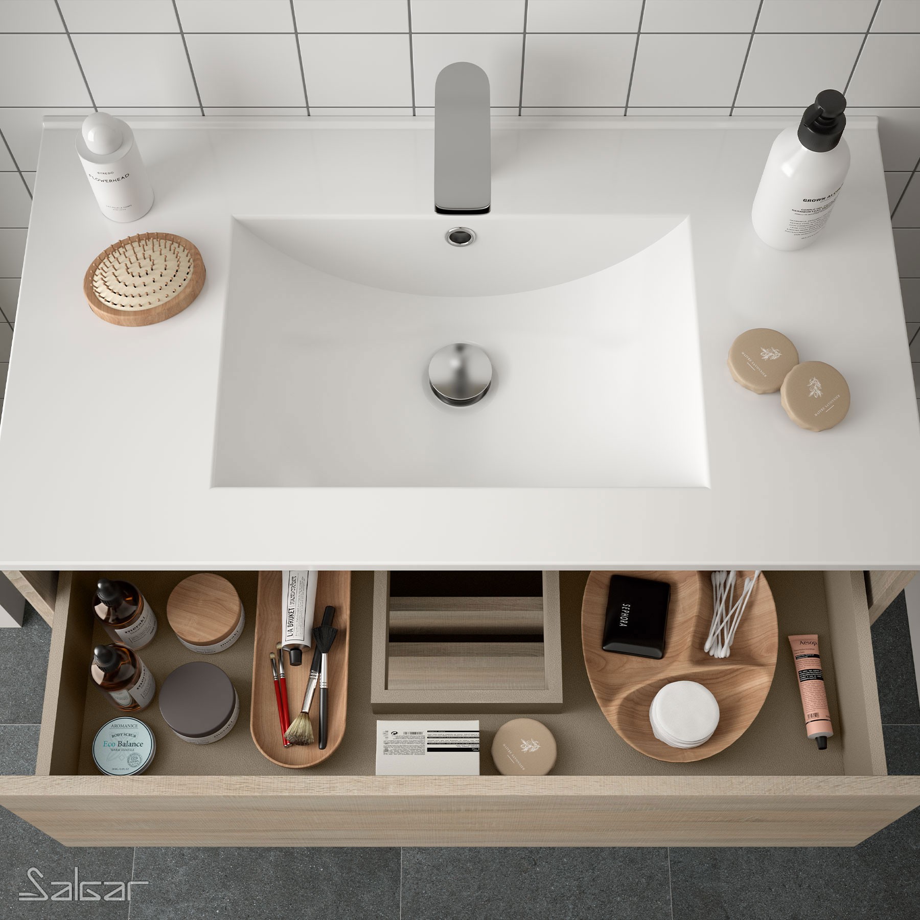 85043 SALGAR Комплект мебели для ванной NOJA 800 OAK CALEDONIA + Раковина + Зеркало + Свет Дуб Каледония - Вид №1