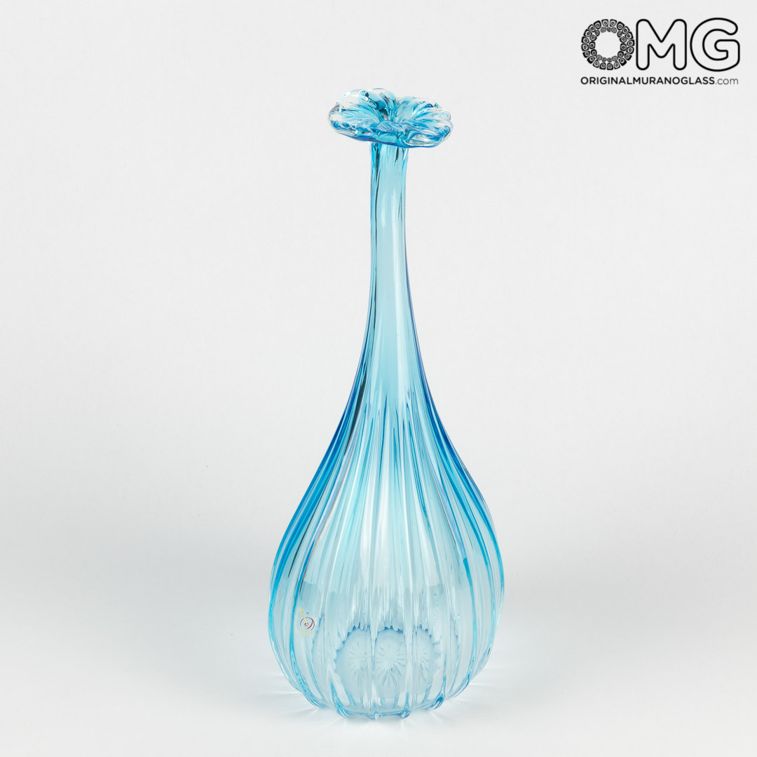 2872 ORIGINALMURANOGLASS Дутая ваза из муранского стекла с тонким горлышком - голубая - Original Murano Glass OMG 17 см  - Вид №1
