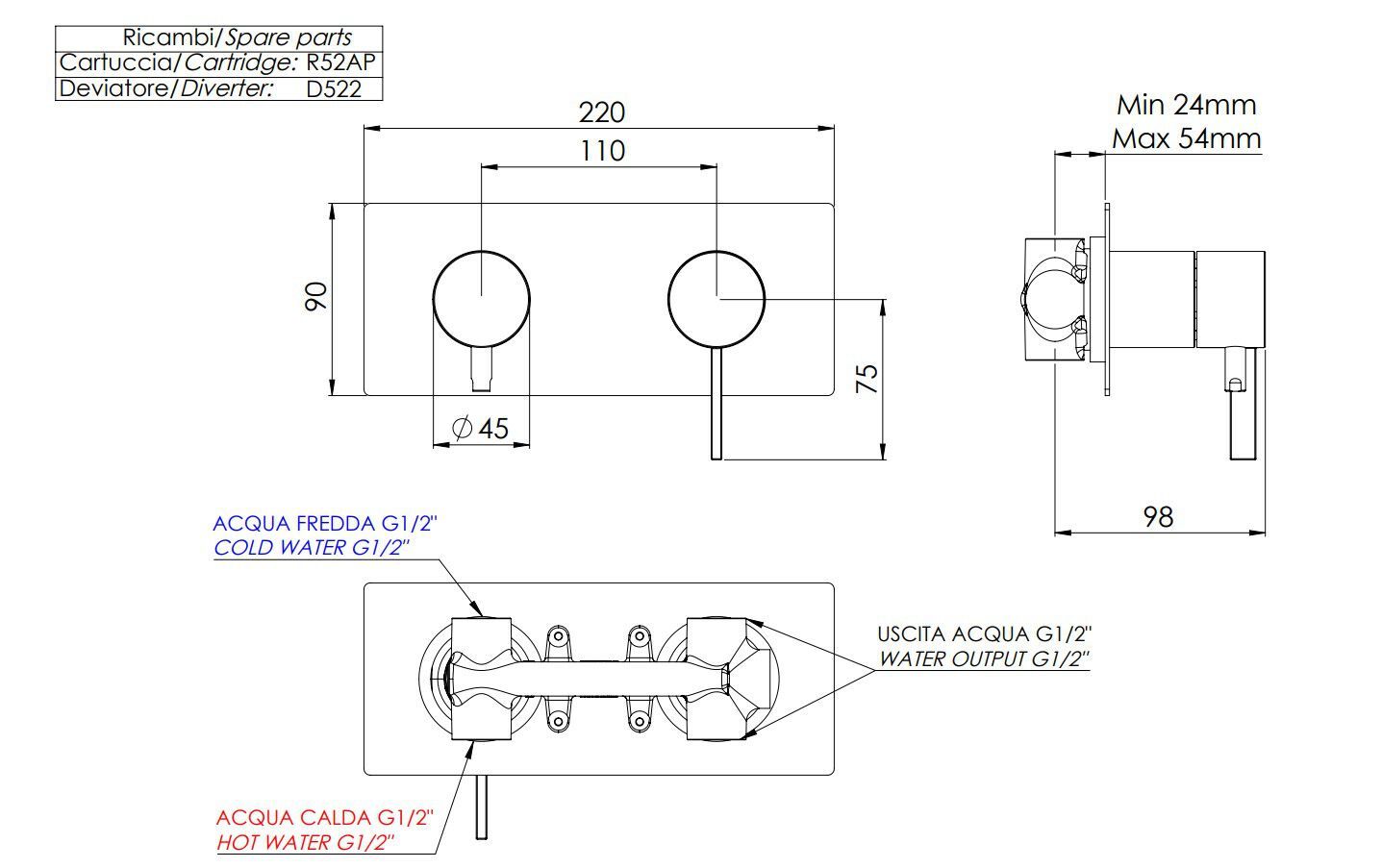 Однорычажный настенный смеситель для ванны с плитой Remer Rubinetterie метрическая ARCH-00016551 - Вид №1