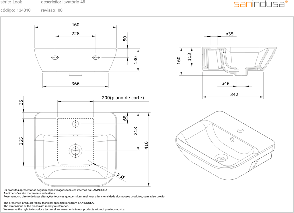 134310004 Подвесная раковина настенная прямоугольная Sanindusa  - Вид №1