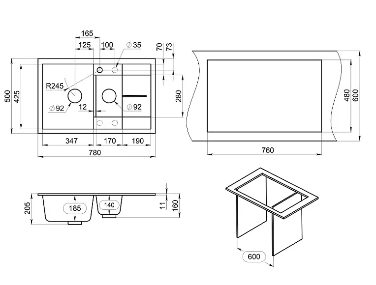 7802, ТУРМАЛИН, кухонная мойка, кварц GRANULA 7802-ST240 - Вид №3