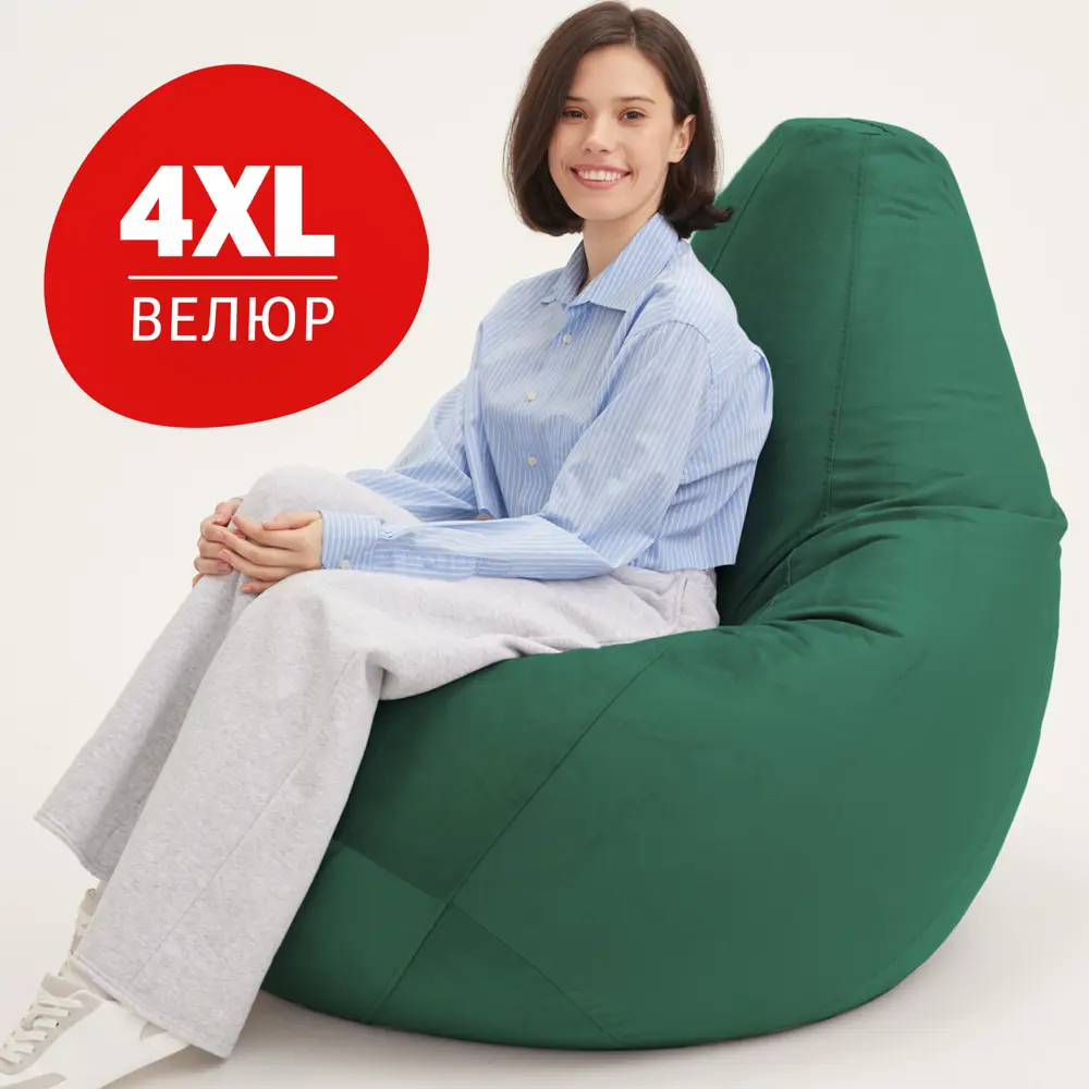 91616082 Кресло-мешок Bean joy XXXXl 100x140x100 см велюр цвет зеленый STLM-0814092