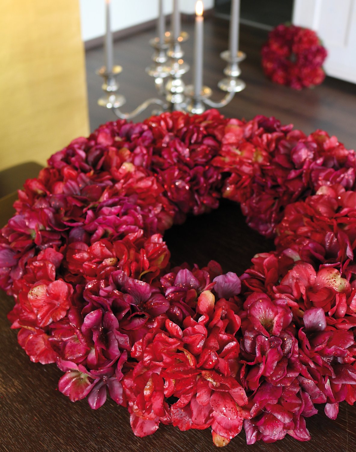 2010 432 a3 Искусственный венок из гортензии с глиттером, Ø 55 см, бордово-золотой H-andreas  - Вид №20