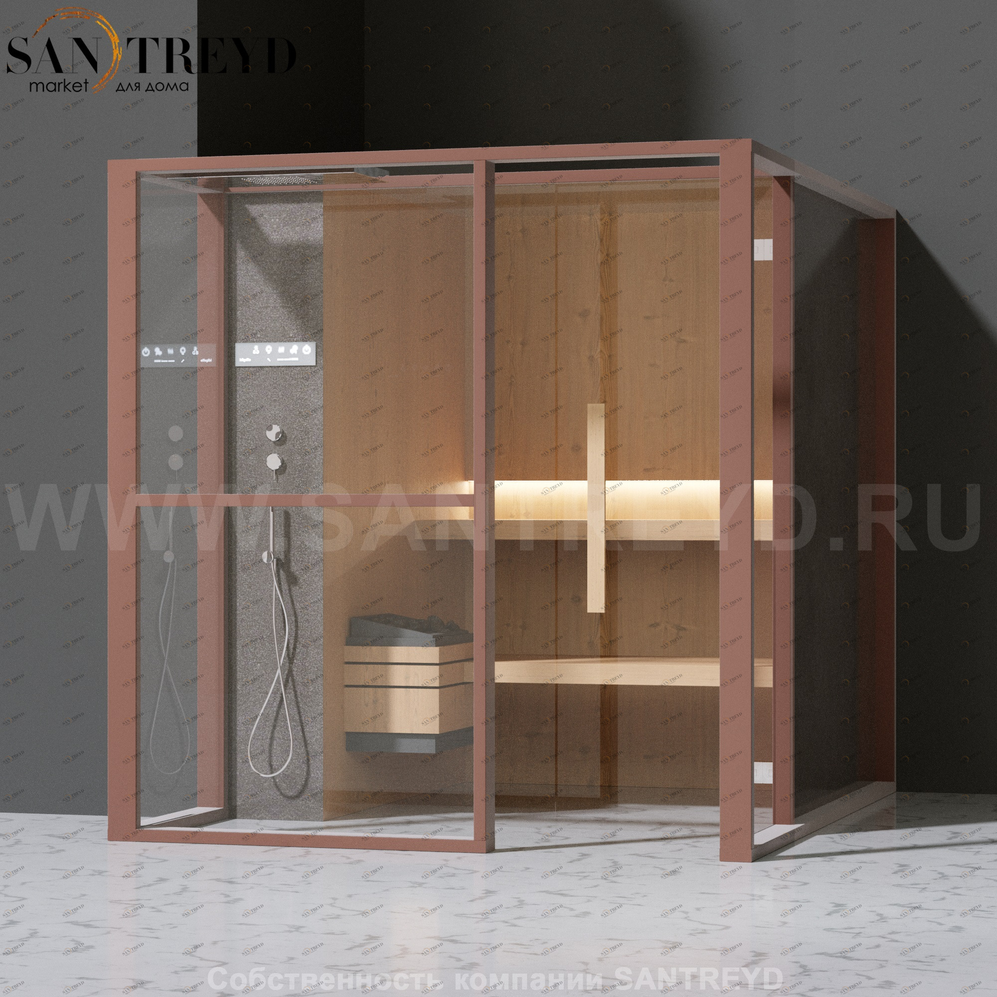 Effegibi LOGICAFILO S LO21030014 Сауна. Установка: в левый  полуугол. Левая дверь. Мощность: 6 кВт макс. Размеры: длина 214 см, ширина 250 см. Отделка: канадский хемлок, матовый лакированный коричневый аллюминий и темный ламинат из керамогранита.