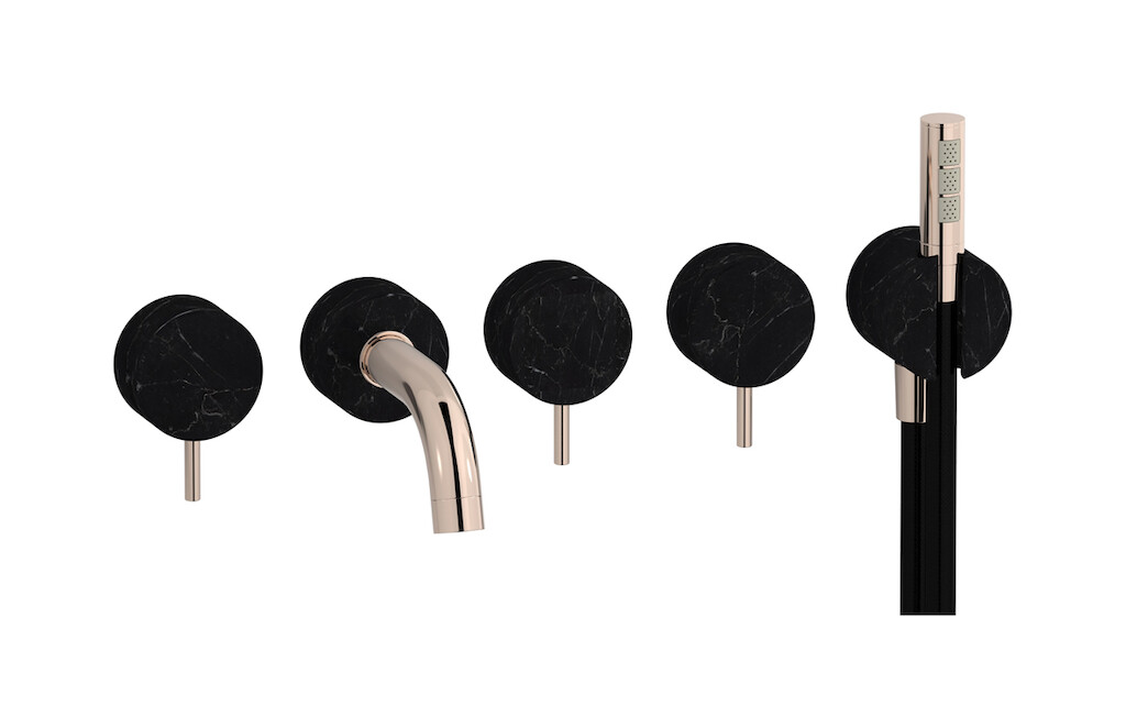 Настенный смеситель для ванной на 5 отверстий с дивертером и душевым гарнитуром. WE ARE IB mr398rs_2 Rose Gold Marmo