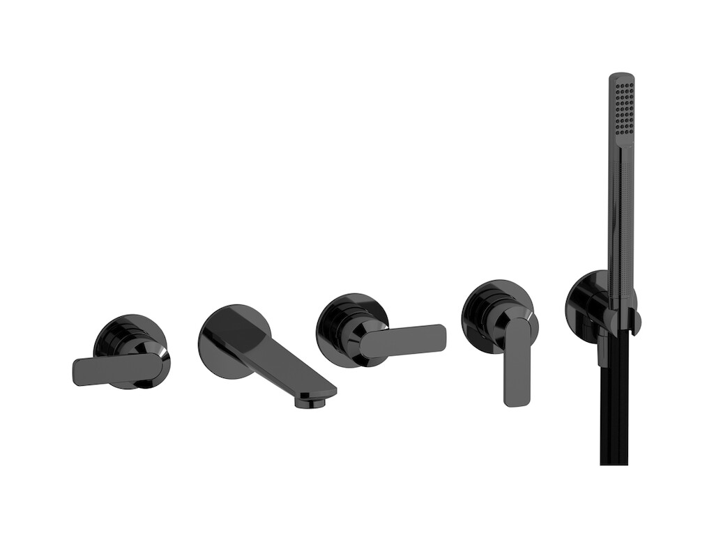 Настенный смеситель для ванной на 5 отверстий с дивертером и душевым гарнитуром. WE ARE IB c6398cf Black Chrome C-67