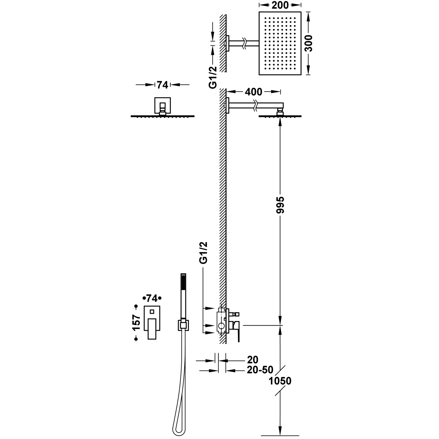 Комплект 2-ходового скрытого смесителя для душа CUADRO с одной ручкой-00698003 TRES  - Вид №1