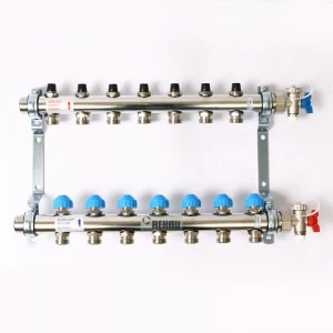 Коллекторная группа из нержавеющей стали с регулир. и термостатическими вентилями и расходомерами REHAU 1"x3/4"ЕК 7 выходов