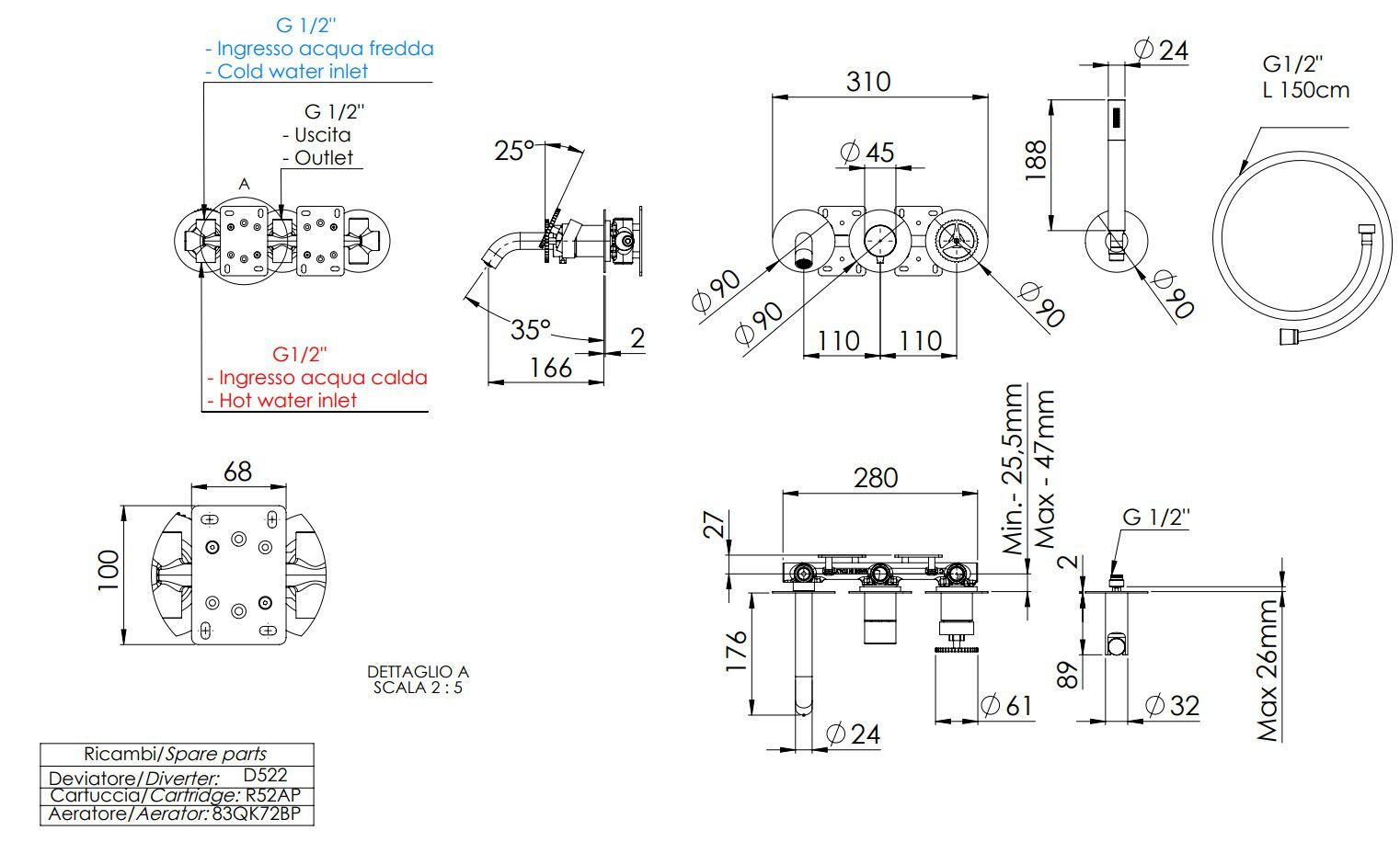 Набор встраиваемых ванн с одной ручкой и ручным душем Remer Rubinetterie Chrono ARCH-00044996 - Вид №2